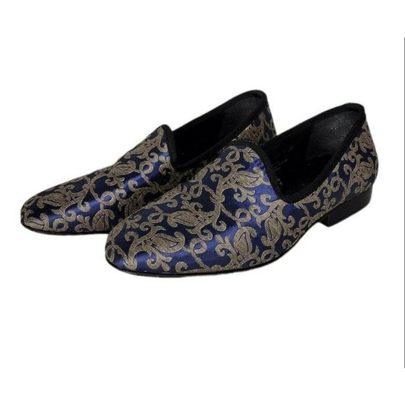 Stacy Adams Venice Blue Gold Jacquard Damask Smoking Slipper Loafer Men'… - Picture 1 of 10